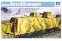 Box art for a Trumpeter 1/35 scale German Geschützwagen armoured train model kit, featuring an illustration of the vehicle on railway tracks.