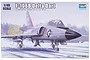 Trumpeter 1/48 scale F-106B Delta Dart plastic model kit box art featuring an illustration of the aircraft landing with a drag chute deployed.