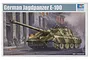 Box art for a Trumpeter 1/35 scale German Jagdpanzer E-100 plastic model kit, featuring an illustration of the tank in a war-torn city setting.