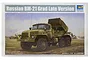 Box art for a Trumpeter 1/35 scale Russian BM-21 Grad Late Version model kit, featuring an illustration of the military truck firing rockets.