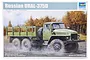 Trumpeter 1/35 scale Russian URAL-375D military truck plastic model kit box art showing a green truck driving on a dirt road.