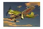 A digital illustration of a green Nanchang CJ-6 trainer aircraft flying against a sunset sky.