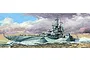 An artistic painting of the USS West Virginia BB-48 battleship at sea, featuring a camouflage paint scheme and a dramatic cloudy sky.