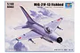 Box art for a Trumpeter 1/48 scale MiG-21F-13 Fishbed model kit, featuring an illustration of the silver jet flying through clouds.