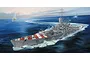 An artistic painting of the Italian battleship RN Roma at sea, featuring its distinctive red and white striped deck markings and grey camouflage hull.