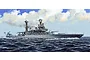 An artistic illustration of the USS California BB-44 battleship at sea, showing the ship in profile against a cloudy blue sky.