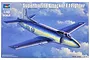Box art for a Trumpeter 1/48 scale Supermarine Attacker F.1 plastic model kit showing an illustration of the jet flying through a cloudy blue sky.