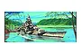 Box art illustration of the German battleship Tirpitz anchored in a fjord, featuring a camouflage paint scheme and surrounding mountainous landscape.