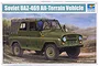 Trumpeter 1/35 scale Soviet UAZ-469 all-terrain military vehicle plastic model kit box art showing an olive green jeep in a field.
