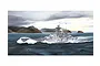 An artistic illustration of the German heavy cruiser Prinz Eugen sailing through choppy seas with a mountainous coastline in the background.