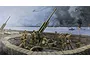 Box art illustration of a Soviet M1942 85mm anti-aircraft gun crewed by soldiers behind sandbag fortifications during a coastal battle.