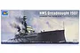 Trumpeter 1/700 scale HMS Dreadnought 1907 battleship plastic model kit box art showing the ship at sea.