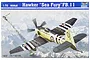Trumpeter 1/72 scale Hawker Sea Fury FB.11 plastic model kit box art showing a fighter plane flying over snowy mountains.