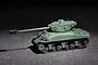 A 1/72 scale plastic model of a French M4 Sherman tank, painted olive green with French roundel markings, set against a dark background.