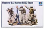 Box art for Trumpeter 1/35 scale Modern U.S. Marine M252 Mortar Team plastic model kit showing four soldiers in desert camouflage operating a mortar.