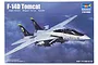 Trumpeter 1/144 scale F-14D Tomcat plastic model kit box art showing a fighter jet in flight against a cloudy blue sky.