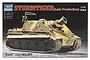 The front of a Trumpeter 1/72 scale Sturmtiger Late Production model kit box, featuring a painted model of the tank on a black background.