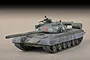 A 1/72 scale plastic model of a Russian T-80B main battle tank, painted in olive green with weathering effects, displayed on a neutral background.