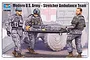 Box art for a Trumpeter 1/35 scale Modern U.S. Army Stretcher Ambulance Team plastic model kit showing soldiers carrying a wounded comrade.