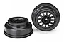 Two black Traxxas Method Racing RC wheels for short course trucks, shown from front and side angles against a white background.