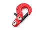 A red aluminium RC winch hook with a black safety latch and silver hex screws, isolated on a white background.