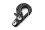 A black aluminium winch hook for 1/10 scale RC vehicles, featuring a safety latch and two silver hex screws, isolated on a white background.