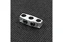 A silver aluminium wire organizer clamp by Yeah Racing with three wire holes and two black hex screws, set against a black textured background.