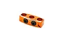 An orange anodized aluminium wire organizer clamp by Yeah Racing with two black hex screws.