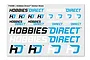 A rectangular sticker sheet featuring various Hobbies Direct logos and branding in black, white, and blue on a light grey background.