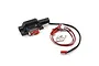 A black 1/10 scale RC rock crawler winch with a red hook, control unit, and mounting hardware on a white background.