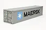 A 1/14 scale Tamiya Maersk 40ft shipping container model in light grey with blue and black branding, isolated on a white background.