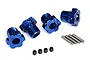 Four blue anodized aluminium 17mm splined wheel hex adapters for Traxxas RC cars, including four metal pins and four small black grub screws.