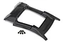 A black Traxxas E-Revo VXL 2.0 body roof skid plate with four included mounting screws on a white background.