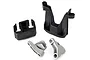 Traxxas UDR battery connector retainer set including black plastic mounts and grey plastic clips on a white background.