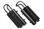 Two black Traxxas UDR shock reservoirs with ribbed cooling fins and connecting hoses, shown against a white background.