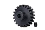 A black steel 21-tooth pinion gear for RC cars, featuring a set screw, isolated against a white background.