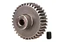 A 35-tooth metal pinion gear for RC cars, shown with a small black grub screw on a white background.