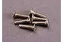 A small pile of six silver-coloured metal countersunk screws with coarse threads on a grey surface.