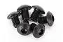A close-up studio shot of six black metal button head screws with hex drive sockets, arranged in a cluster on a white background.