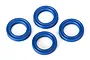 Four blue rubber O-rings arranged in a diamond pattern on a white background.
