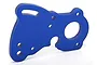 A blue anodized aluminium motor mounting plate for a Traxxas E-Revo VXL 2.0 RC car, shown against a plain white background.
