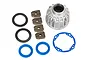 Traxxas UDR aluminium differential case set including a metal housing, four small metal plates, two black washers, two blue seals, and a blue gasket.