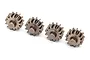 Four identical small metal planetary gears for Traxxas RC vehicles arranged in a row on a white background.