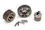 A set of three metal transmission gears and five small metal pins for a Traxxas TRX-4 RC vehicle.