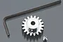 A silver metal pinion gear with 18 teeth, a small grub screw, and an L-shaped hex key on a grey surface.