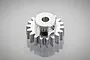 A silver metal 18-tooth pinion gear for RC cars, featuring a set screw hole on the side, isolated on a reflective grey background.
