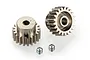 Two Tamiya metal pinion gears with 20 and 21 teeth, accompanied by two small grub screws on a white background.