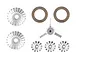 Tamiya metal differential bevel gear set including two large bevel gears, three small bevel gears, a cross-shaft, and two washers.