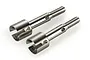 Two Tamiya metal long wheel axles for RC cars, featuring a cup-style drive joint and threaded end, isolated on a white background.