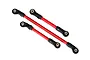 Three red anodized aluminum steering and suspension links with black plastic rod ends for Traxxas TRX-4 RC vehicles.